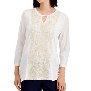 NEW JM collection Women’s embroidered key hole white cotton top three qu…